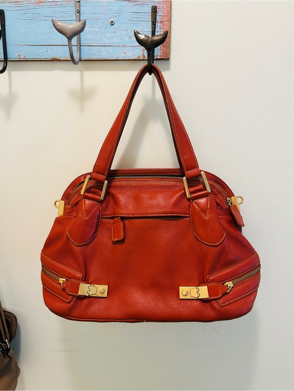 Ensoen Orange Leather Tote Bag with Gold Accents
